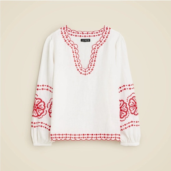 J.Crew Bungalow Embroidered Linen Blouse in Red and White with embroidery Size M - Picture 11 of 11